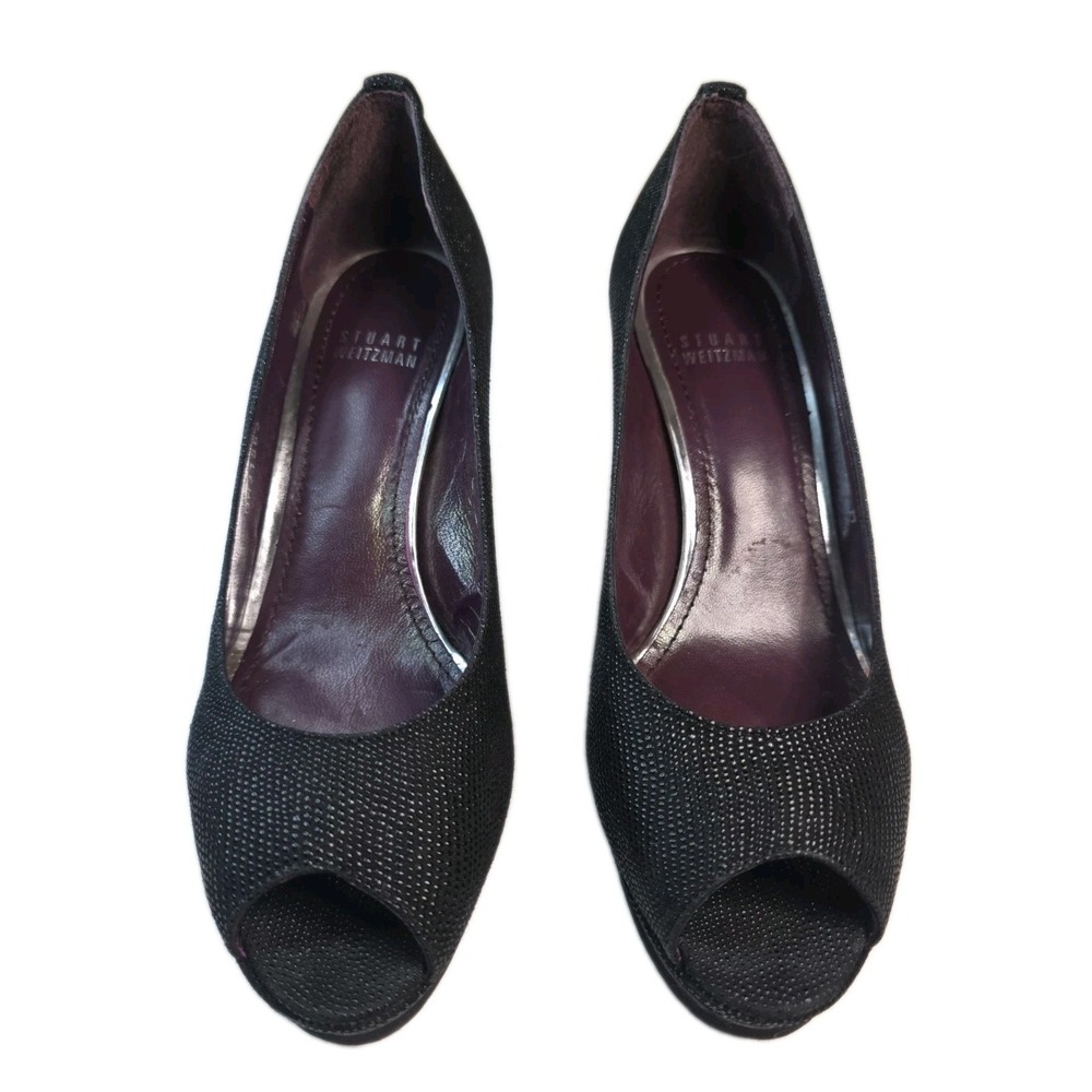 Stuart‎ Weitzman Black Textured Peep Toe Platform Pumps Heels 7M OW31563